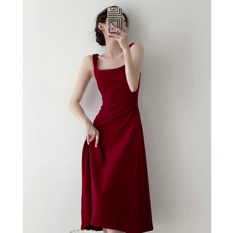 Hong Kong Style Retro Red Square Neck Suspender Dress with Elegant Waist, Birthday Party Toast Dress, Engagement A-Line Dress