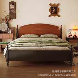 中古风白蜡木小耳床实木床主卧双人床美式卧室婚床1.8米1.5米大床