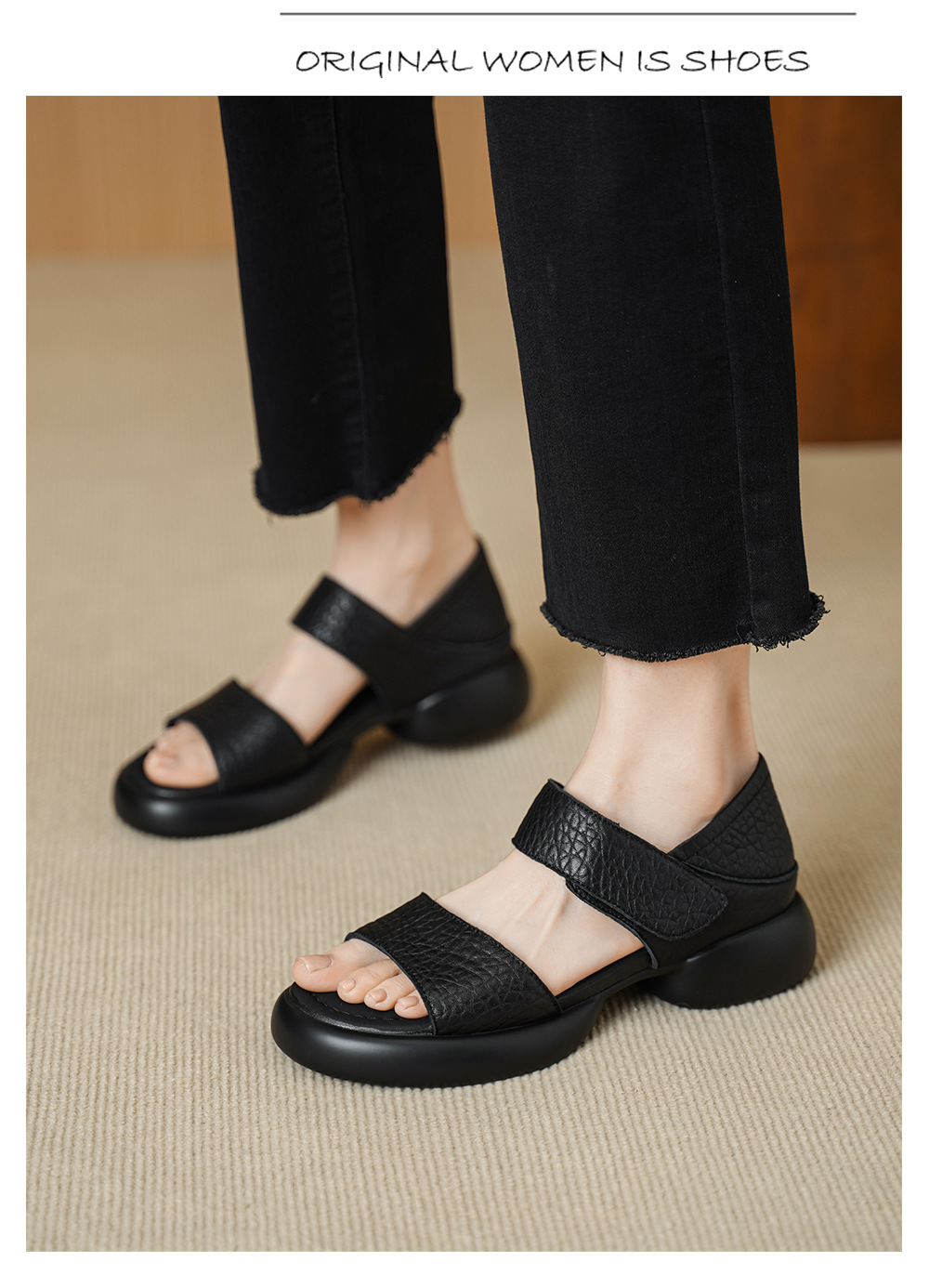 Sandal nữ hở mũi gót vuông 4 cm quai ngang đế dày chất liệu da dê — đen chi tiết 6