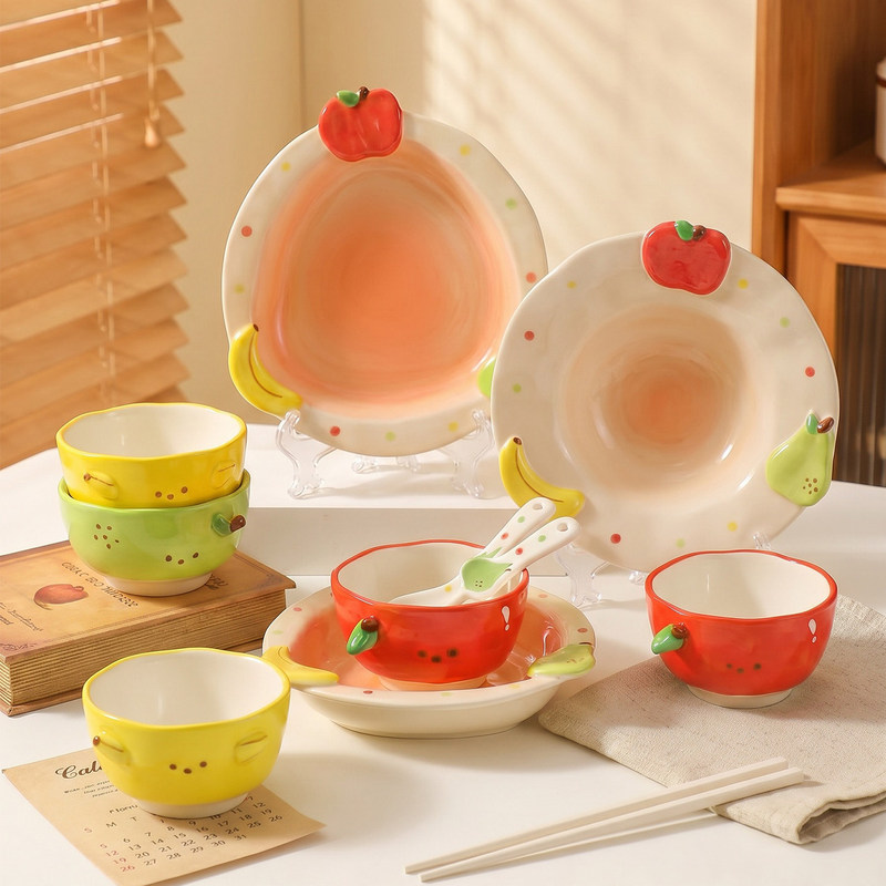 Cute Fruit Ceramic Bowls and Plates, New Stylish Household Tableware with Underglaze Color, Creative Rice Bowls, Plates, and Soup Bowls Cute Fruit Ceramic Bowls and Plates, New Stylish Household Tableware with Underglaze Color, Creative Rice Bowls, Plates, and Soup Bowls