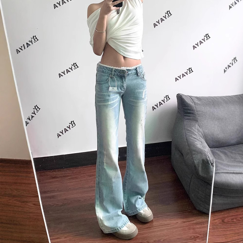Retro Washed Light-Colored Bootcut Jeans for Women Spring and Summer New Lace Splicing Low-Waist Loose Non-Leg-Hugging Flared Pants