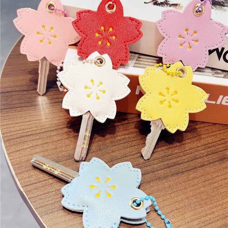 Maple Leaf Key Protective Cover Girly Heart Cherry Blossom Keychain Pu Leather Pendant Electric Car Key Cover Access Card Cover