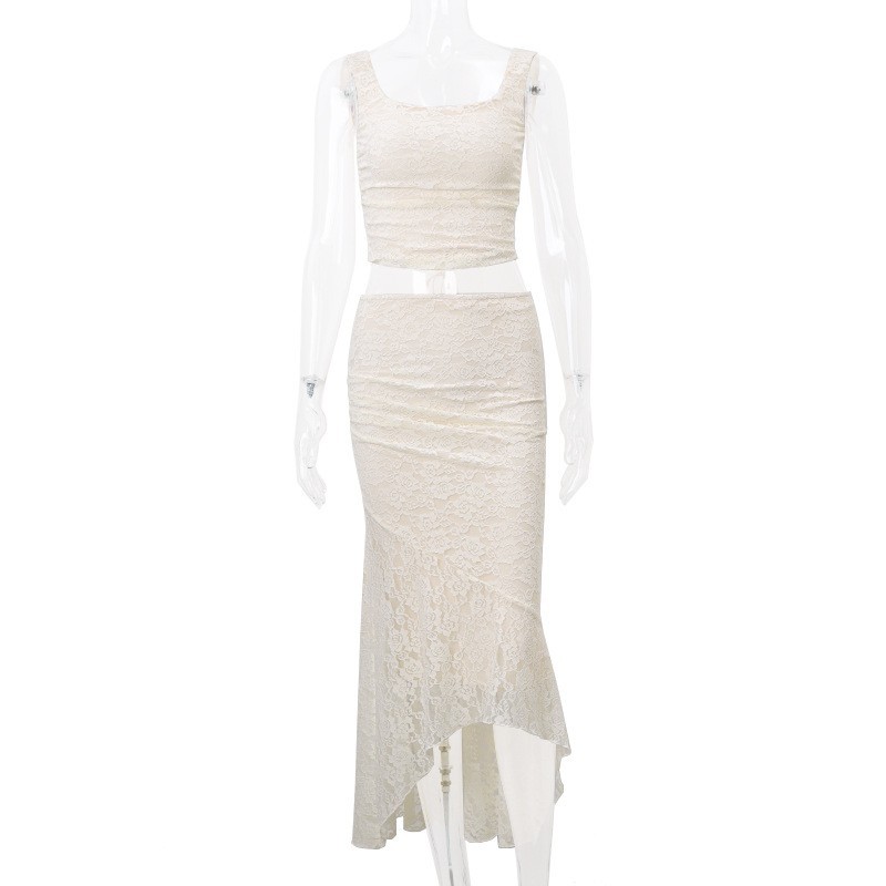 Elegantes Damen Set Mit Gerafftem Top Und Rock Im Spitzen Design_voghion.com