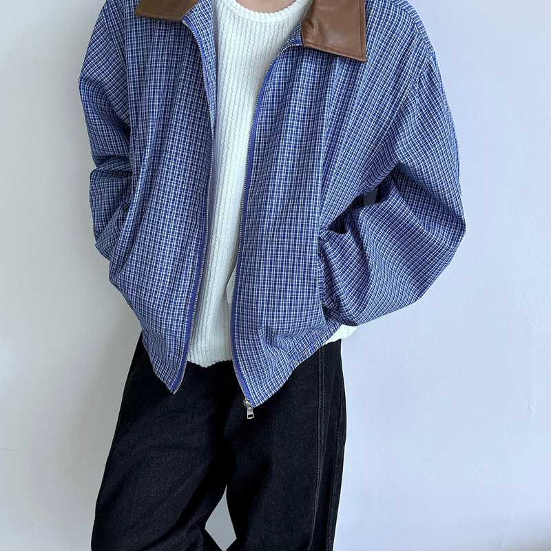 Autumn 2024 New Retro Loose Contrast Color Leather Collar Blue Plaid Jacket Jacket Men's All-match Pad Shoulder Top Trendy