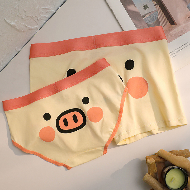 [Couple style] Pink men's and women's couple underwear a pair of cute cartoon pig printed cream color girl