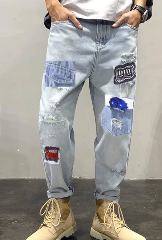 港风春夏款男牛仔裤复古做旧补丁破洞直筒宽松休闲长裤nk