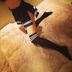 Fumi Mura Japanese College Style Cotton Thick Black and White Striped Three-Striped Over-the-Knee Socks for Students, Item 7221