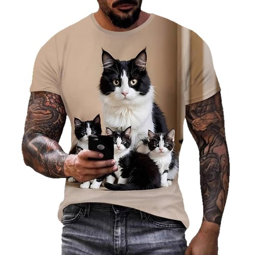 ladaza Cross-border 3D Digital Men's Short-sleeve European and American Cat Animal Pattern T-shirt Summer Breathable Sweat-proof Top