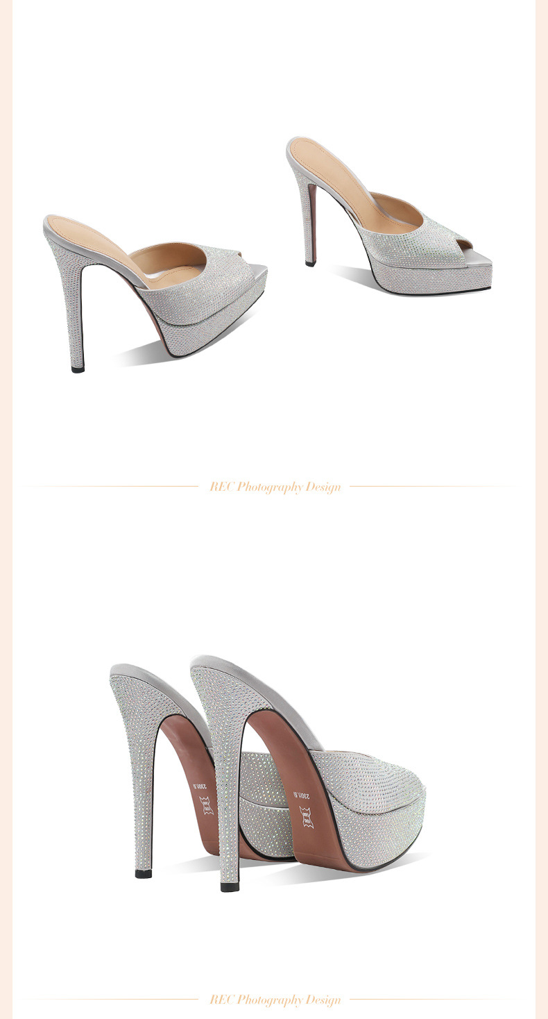 Sandal cao gót nữ hở mũi đính đá lấp lánh gót 12 cm đế platform — Bạc 12cm chi tiết 12