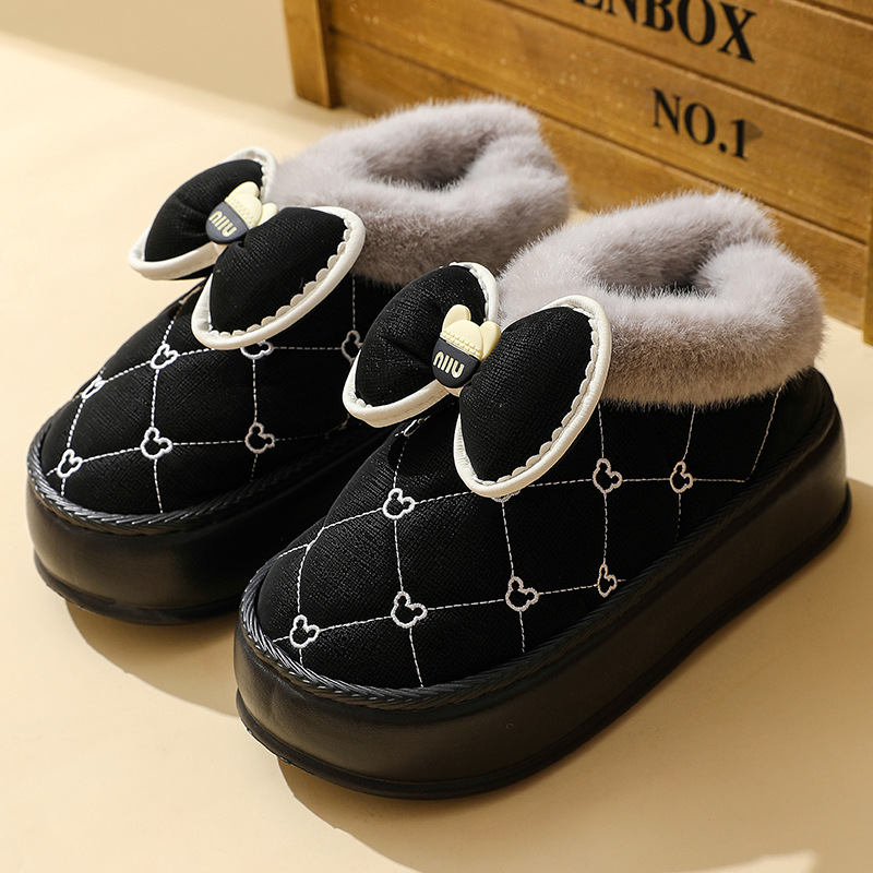 thumbnail image 1 of Zapatillas de algodón de invierno para mujer con lazos para parejas de otoño e invierno, uso doméstico en interiores, zapatillas de felpa de suela suave y gruesa para mujer, 1 of 5