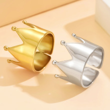 跨境欧美复古宫廷风皇冠戒指金属光面开口不锈钢指环真空镀金饰品