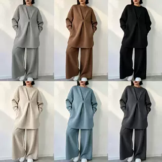 欧美时尚秋冬高级感休闲穿搭宽松圆领卫衣阔腿裤慵懒风女装两件套