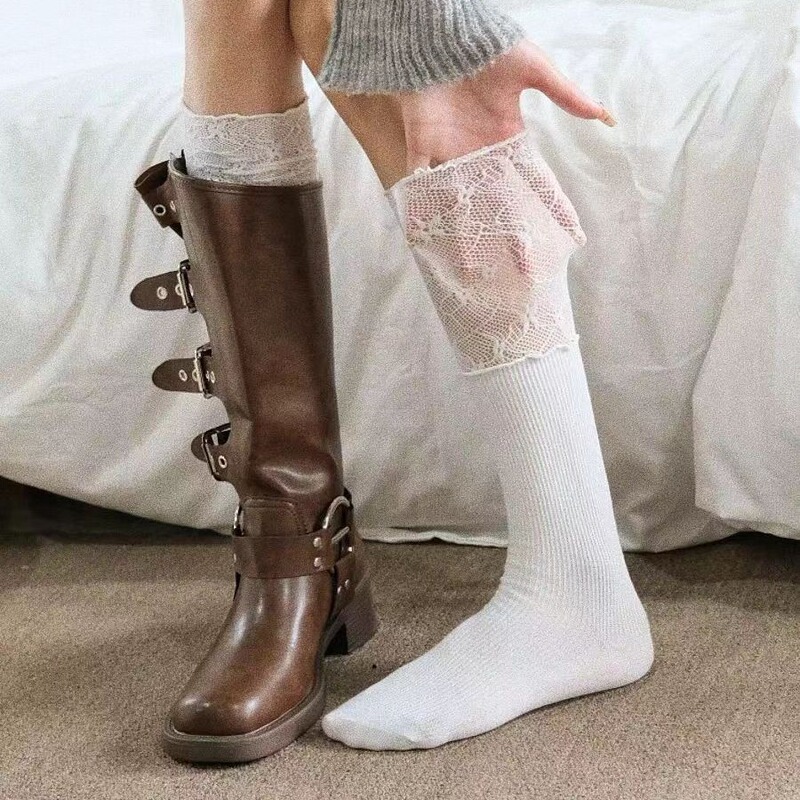 Lace Splicing Socks Women's Autum Calf Socks High Tube Ins Ballet Style Boot Socks Lace Sweat-Absorbent Lace Pile Socks