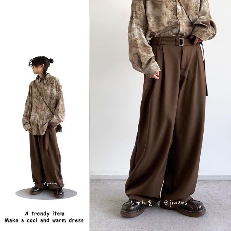 Cross-border Spring and Autumn Japanese Retro Loose-fitting Flowy Dress Pants, Men's and Women's, Coffee Color, Detachable Belt, Versatile Casual Trousers