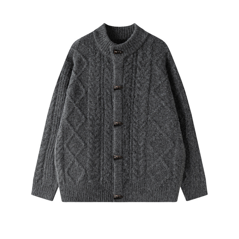 Suéter de torsión otoño y invierno nuevo engrosado retro diamante comercio exterior moda hebilla de cuerno de buey cuello redondo suelto jersey de punto