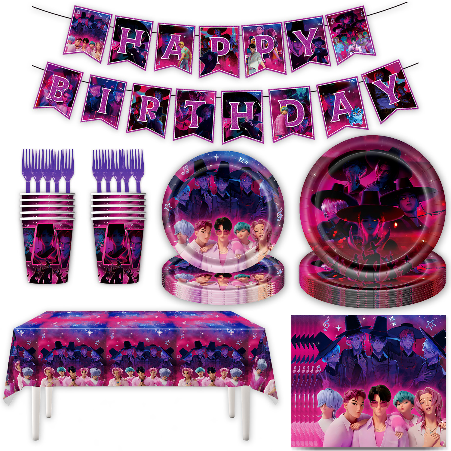 亚马逊Saja BoysPOP猎魔女团主题生日派对用品套装纸盘纸巾桌布装