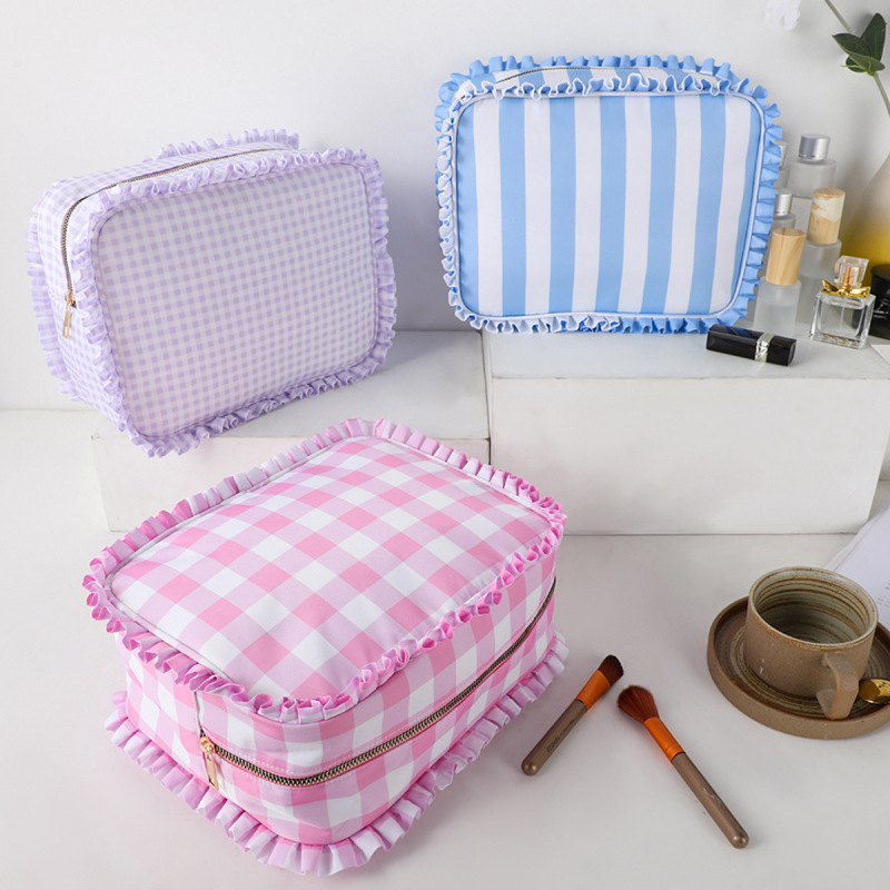 Etsy 刺繍カスタムロゴ付きフリル化粧ポーチ、洗面用具収納バッグ、甘くて可愛い旅行用メイクアップバッグ|undefined