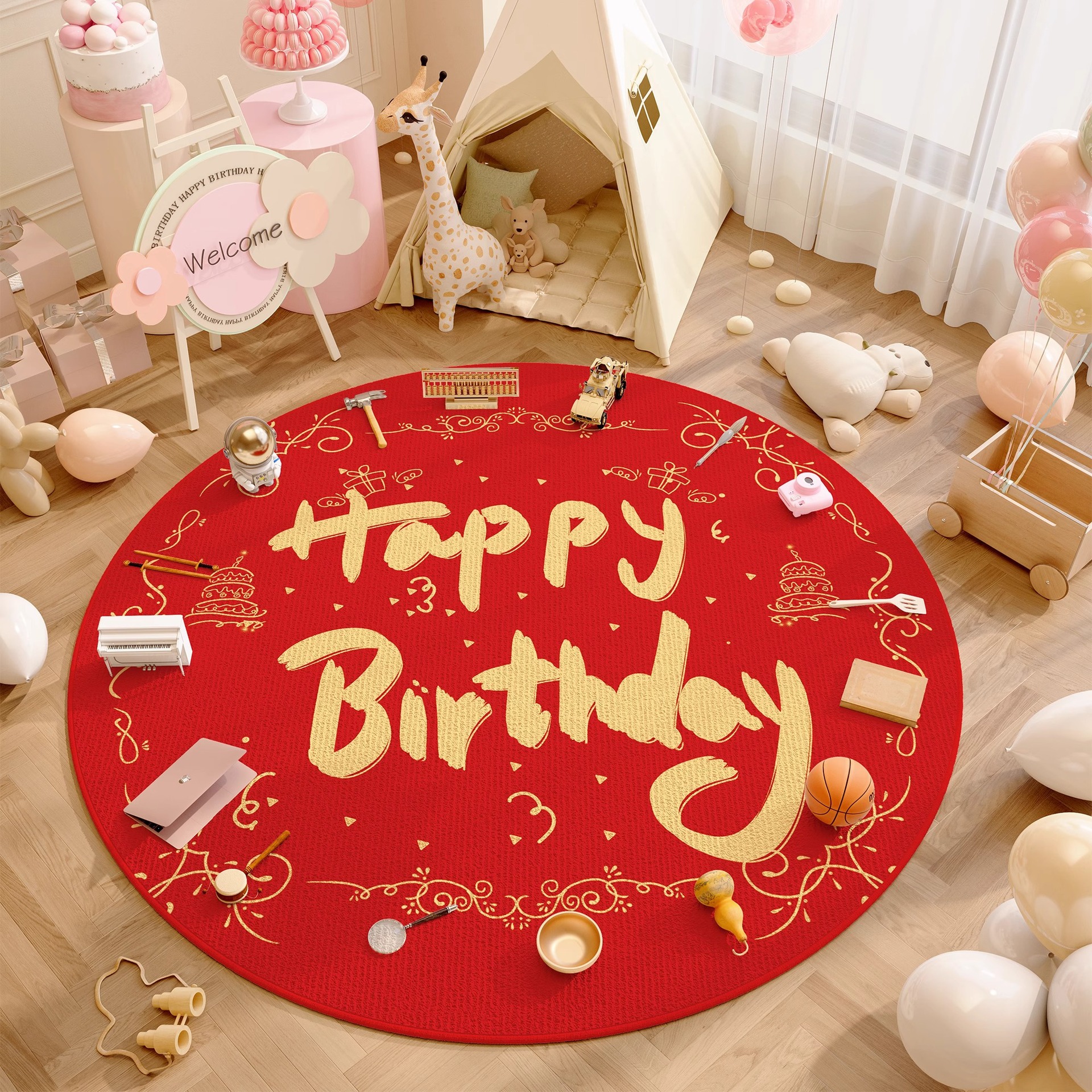 Casi alfombra de un año alfombra de cumpleaños props de diseño dragón bebé raspar la alfombra de la sala de estar para niños almohadilla redonda roja