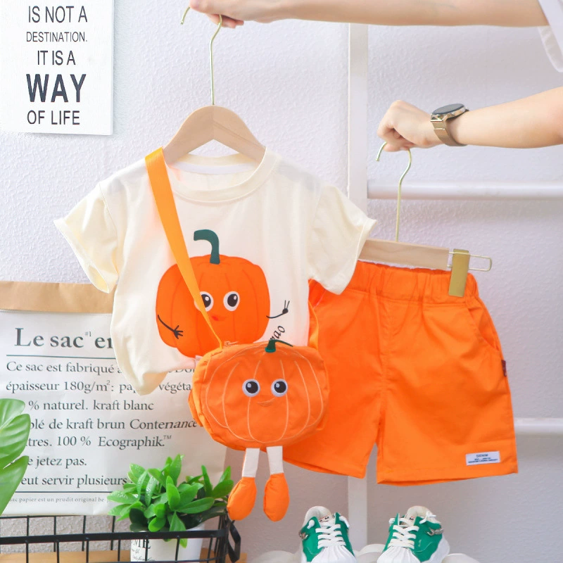 Summer cartoon sleeves for men and women with a round collar, children's set