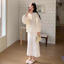 实拍白色花朵镂轻法奶空刺绣套装女春新款温柔风初恋半身裙两件套