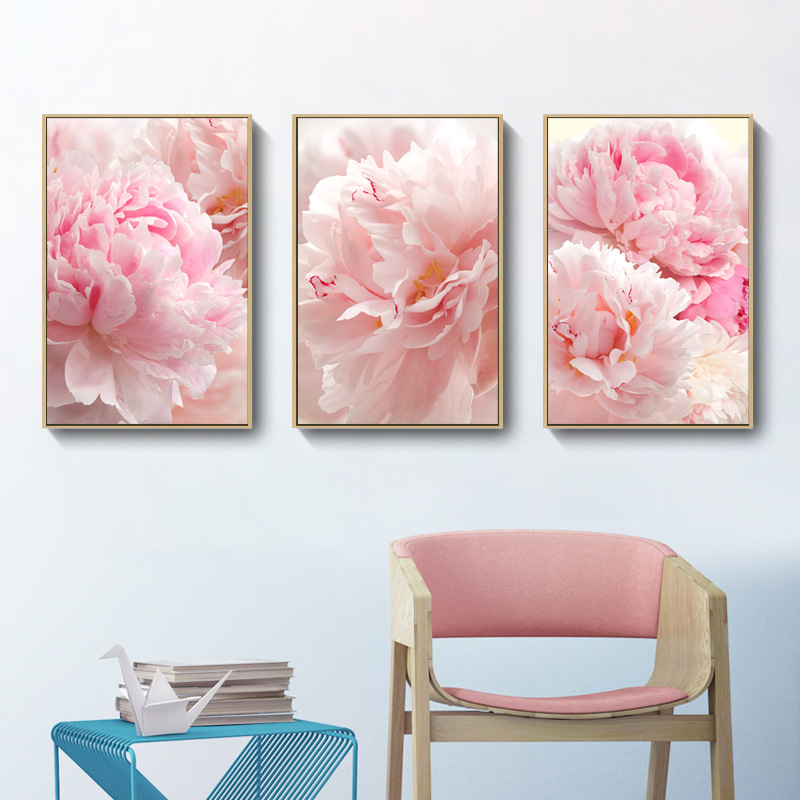 Modern minimalist decorative painting living room pink flower peony triple painting hotel apartment B & B restaurant bedroom hanging painting