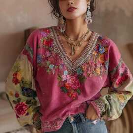 欧美亚马逊独立站女式 花卉3D 印花V领上衣长袖T恤