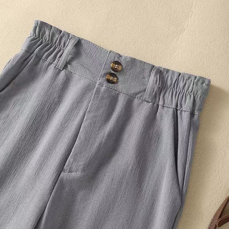Gray linen wide-leg pants women's high waist draping 2023 loose casual cotton linen pants flower bud waist linen straight trousers