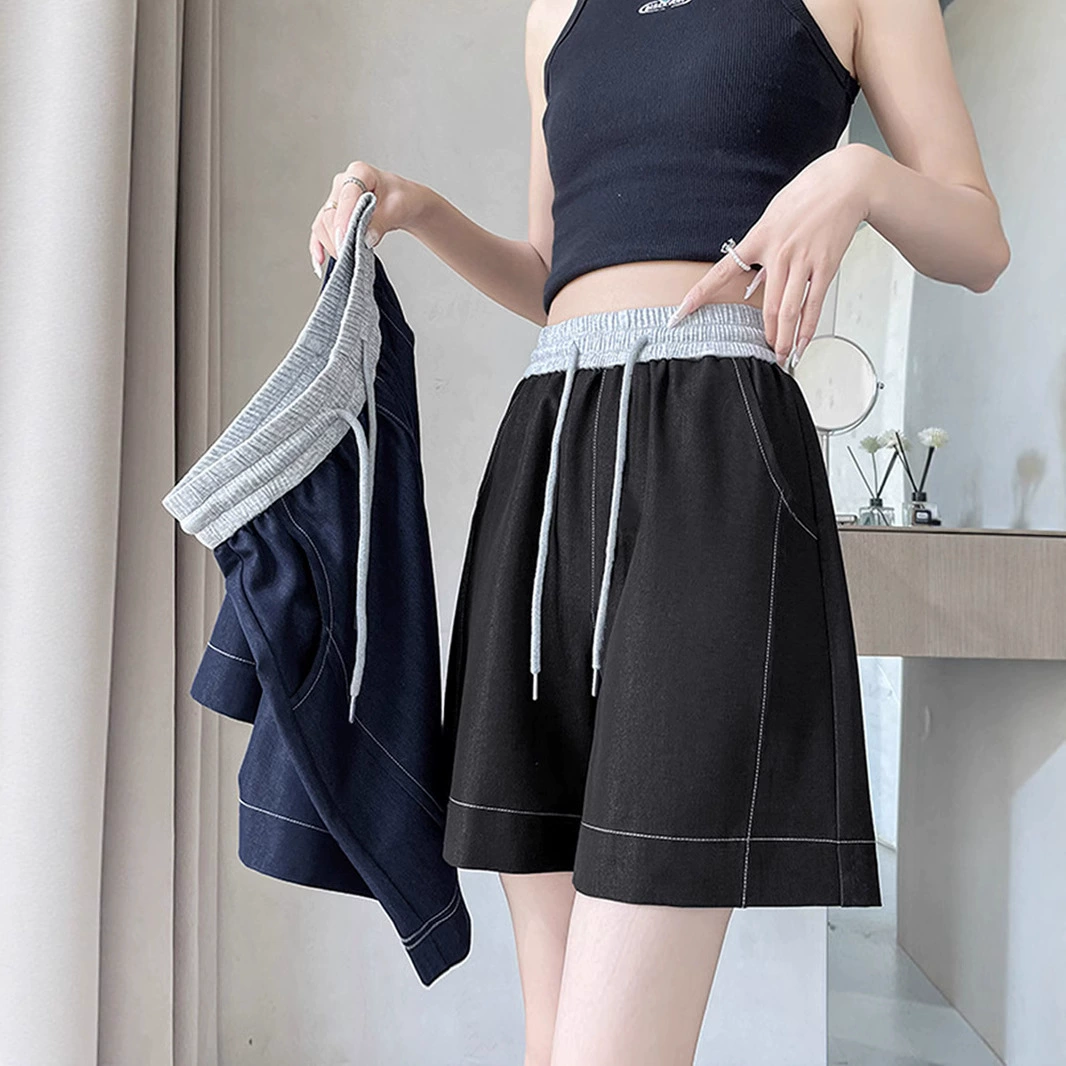 Летние джинсовые шорты контрастного цвета на талии. Женские тонкие свободные широкие брюки с высокой талией. Верхняя одежда. Прямые повседневные брюки трапециевидной формы.