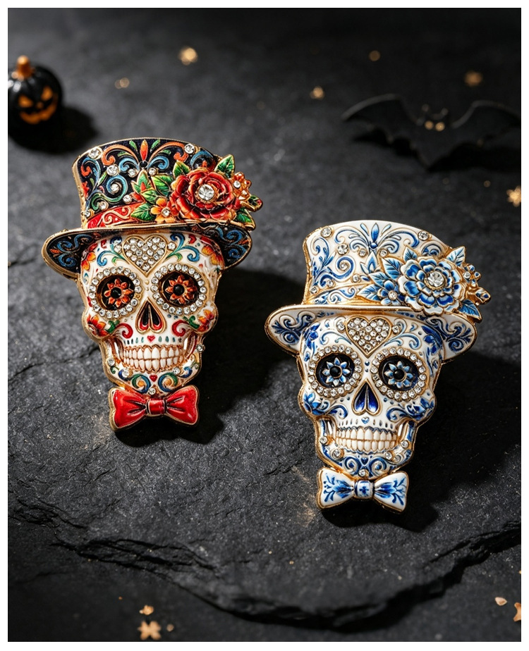 Original Mexican Day of the Dead skull brooch, top hat, rose, diamond-encrusted enamel, gothic style, unisex coat decoration pin