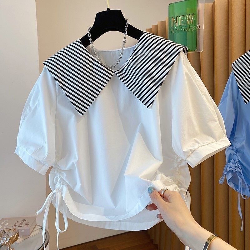 Striped Turn-Down Collar Shirt with Drawstring Hem, Women's Navy Doll Collar Top, Short Shirt for Women with Unique Design Striped Turn-Down Collar Shirt with Drawstring Hem, Women's Navy Doll Collar Top, Short Shirt for Women with Unique Design