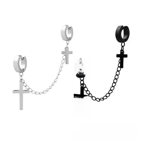 European and American earrings hanging chain ear clip men's personality titanium steel cross popular earrings retro stainless steel hip-hop earrings