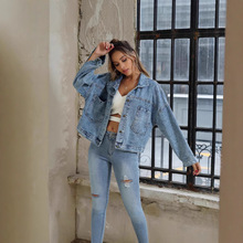 亚马逊跨境欧美外贸女装宽松休闲大口袋牛仔外套女长袖夹克上衣