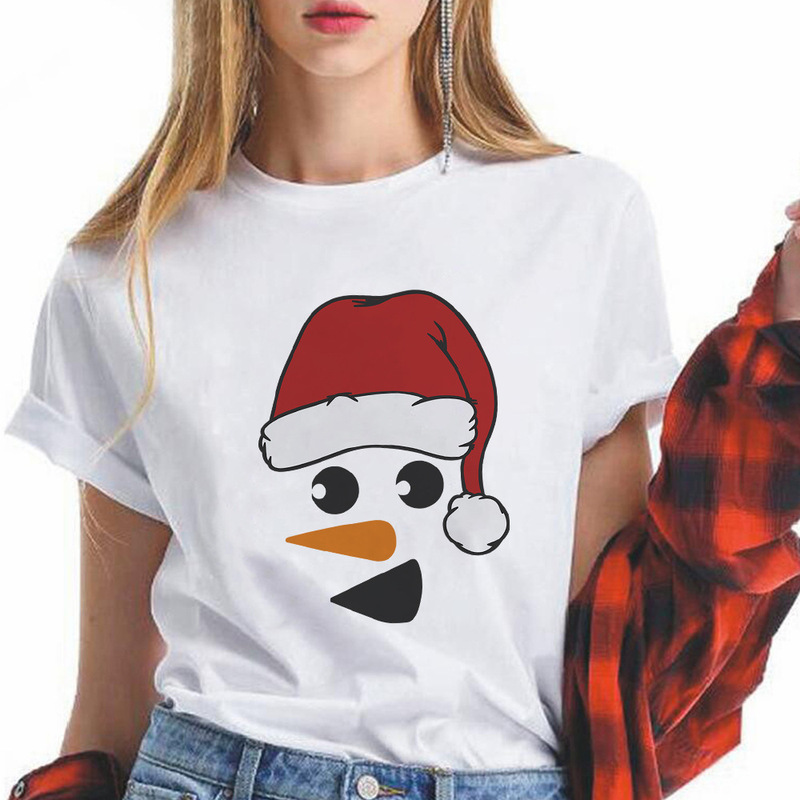 Snow Man T shirt cute Christmas Snowman print women's T-shirt short sleeve white all-match parent-child outfit