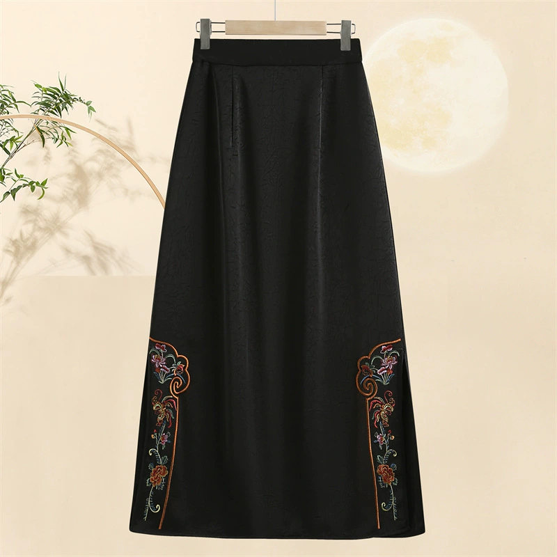 Женская юбка с жаккардовой вышивкой в ​​китайском стиле, весна-лето 2025, новая юбка для мамы, изысканная юбка средней длины с высокой талией для женщин