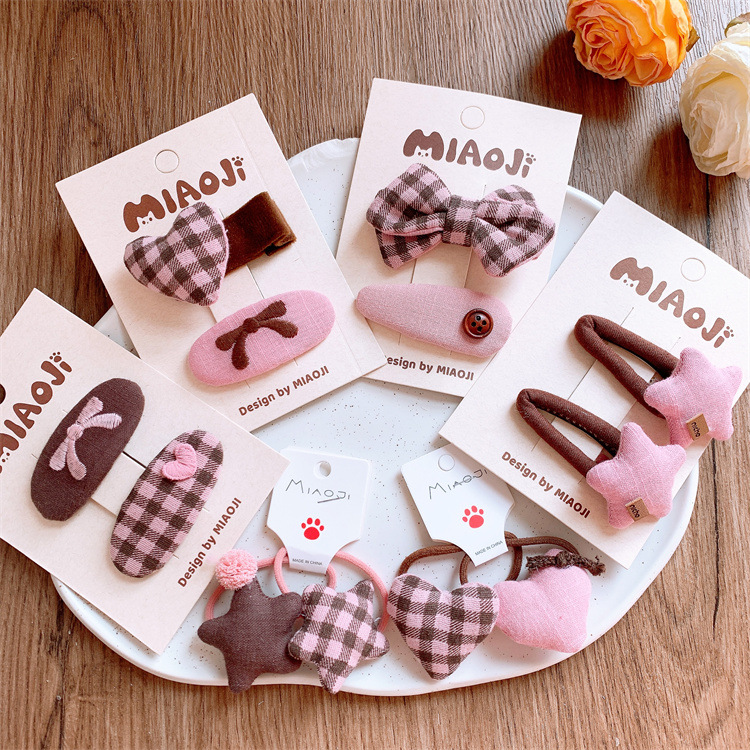 New pink and coffee-colored fabric checkered bow hair clip, sweet girl child heart-shaped hair ring headband side bangs BB clip