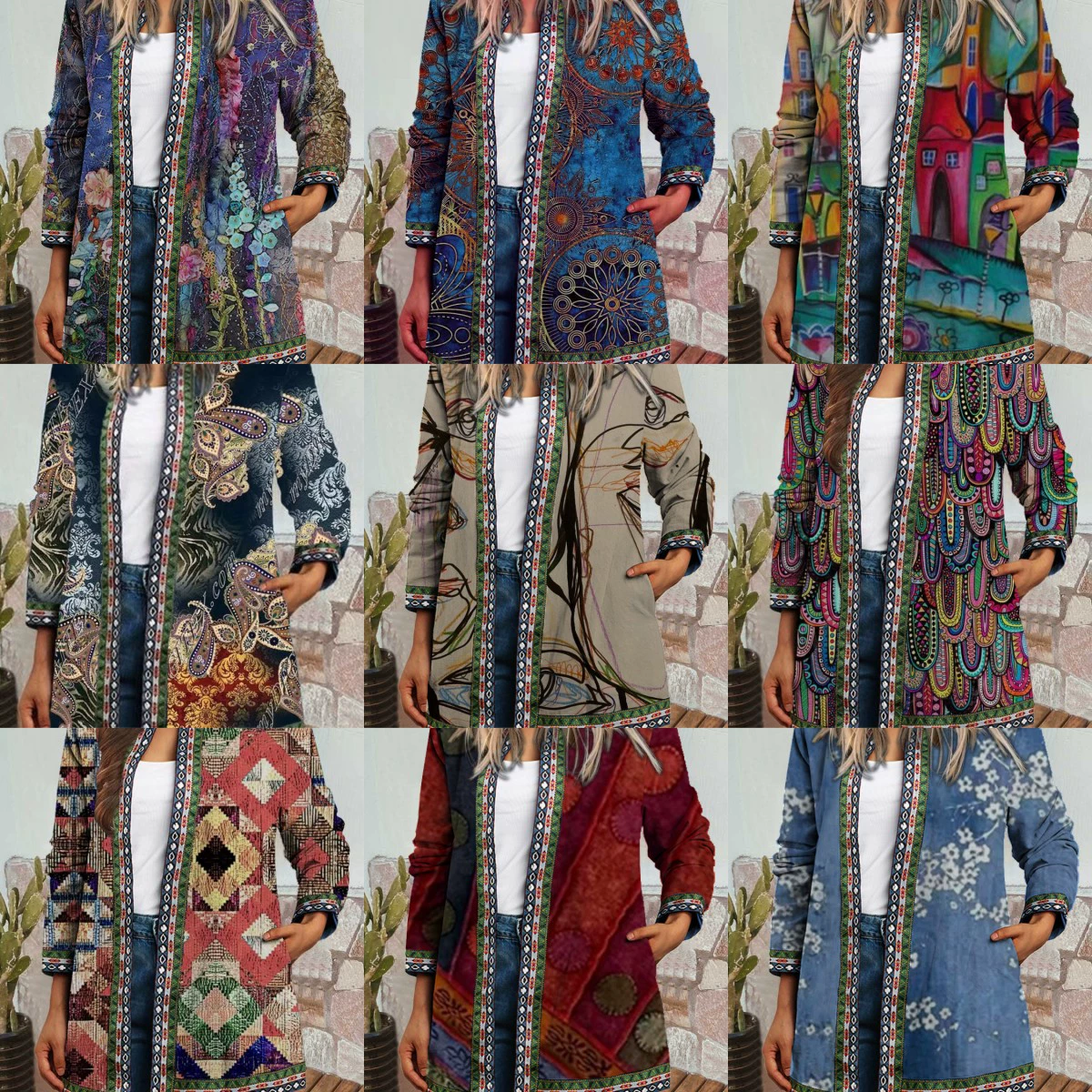 9440 # Amazon внешняя торговля осень-зима новый ретро национальный стиль принт плюс размер куртка кардиган для женщин