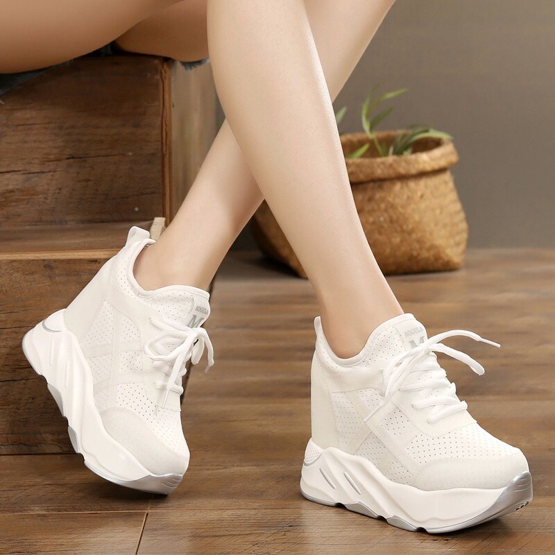 Breathable Hollow-Out Wedge White Trendy Women's Shoes with Hidden Height Increase, Korean Style Thick-Soled Sneakers, Harajuku Lace-Up Versatile 12cm