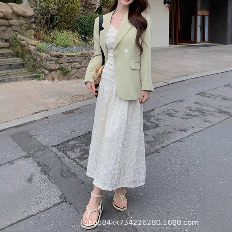 Demi-season dress, fitted brace, long skirt, french style, Korean style, square neckline, Amazon, hip-accented, loose straight fit