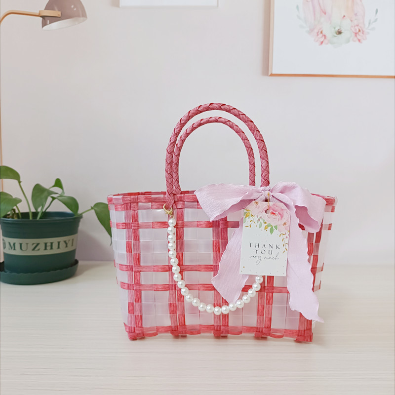 756g Weight Open Closure Type Double Handle Strap Type Handbag Bags Type Holiday, Travel Occasion PVC Material Plaid Pattern All Seasons Season Women's Gender Cute, Vacation Style Square Shape Large Size Women's Cute Vacation Plaid PVC Shopping Bags 32