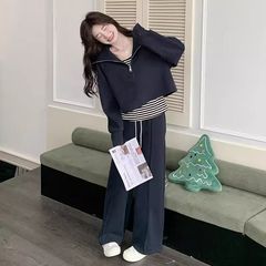 套装女春秋2025新款韩系时尚条纹背心阔腿裤藏青色休闲卫衣三件套