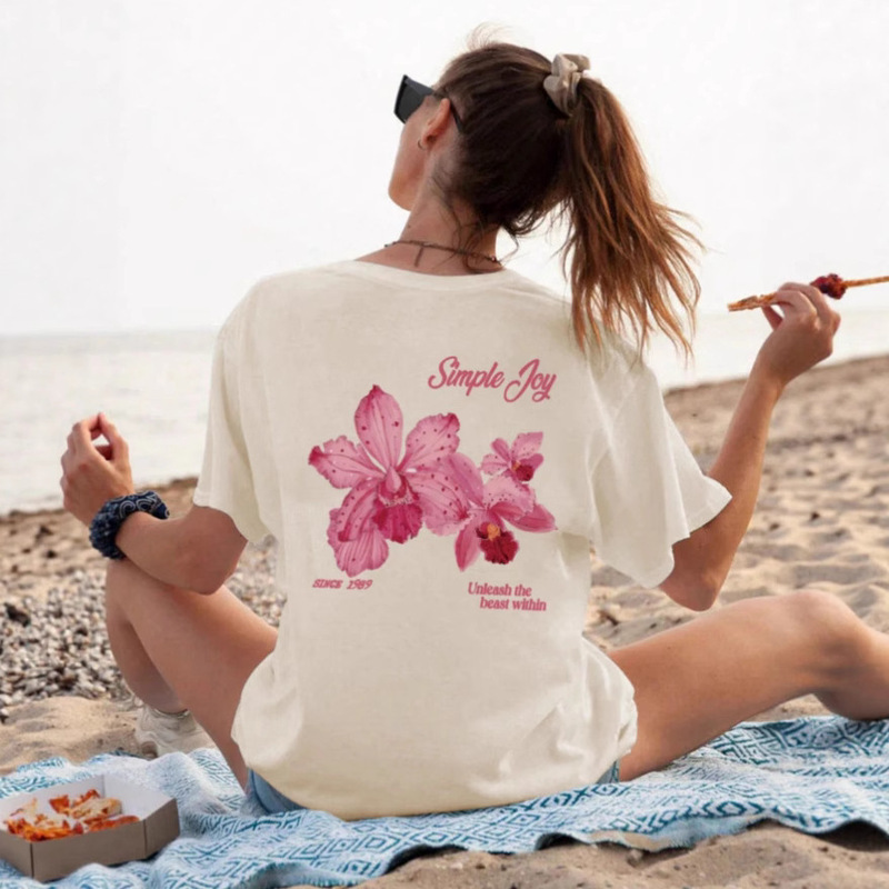 Cross-Border Export Shein Hot-Selling Fresh Preppy Style Floral Pattern Printed Summer Fashion Versatile Cotton T-Shirt