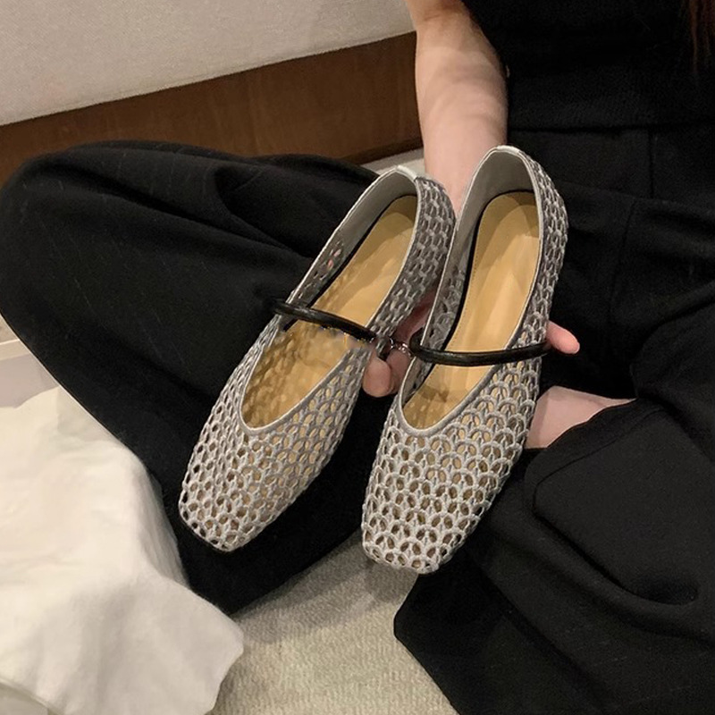 Grape Mom primavera nuevo estilo francés cabeza cuadrada tejida hueca con zapatos de boca baja de cara suave de todo fósforo mujeres