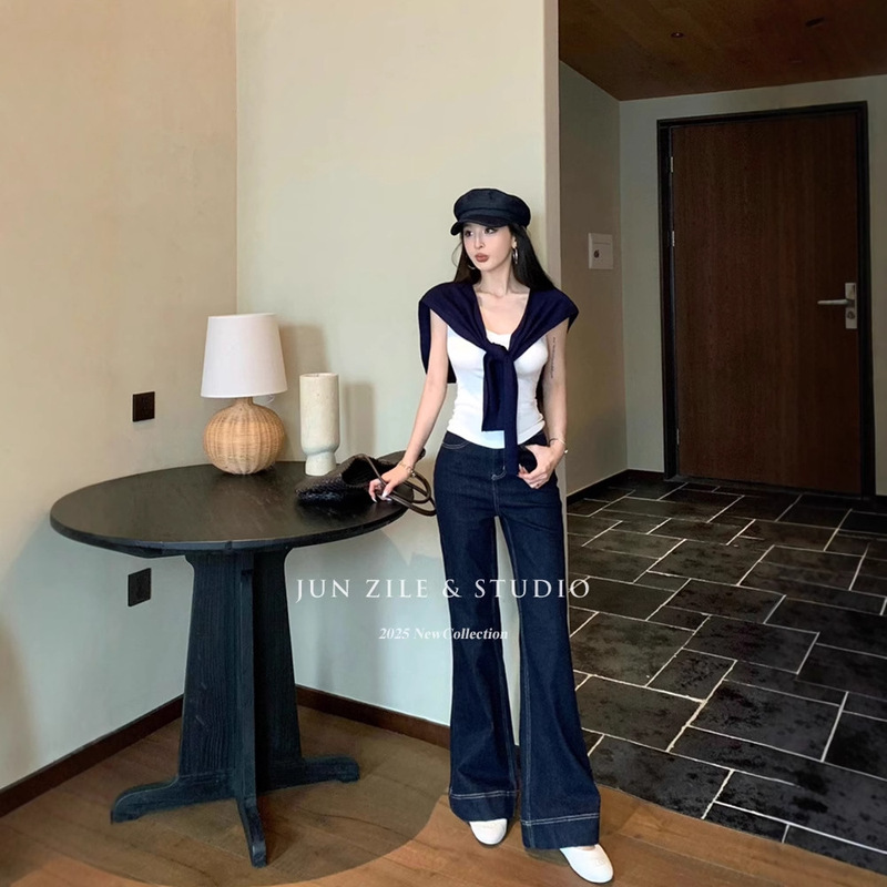 Laqian Style Women's suit Summer White V-neck T-shirt Slim-fit Short-sleeved Top High Waist Denim Micro-flared Long Pants