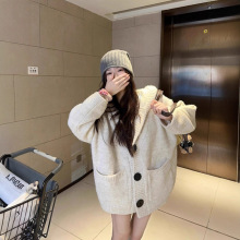 慵懒风中长款连帽针织外套女秋冬厚高级感软糯毛衣开衫宽松上衣