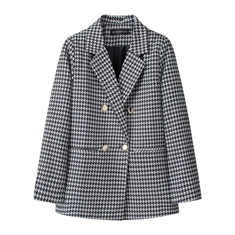 2026 Spring and Autumn New European and American Style Double-Breasted Houndstooth Blazer for Women, Fashionable Casual Elegant Jacket