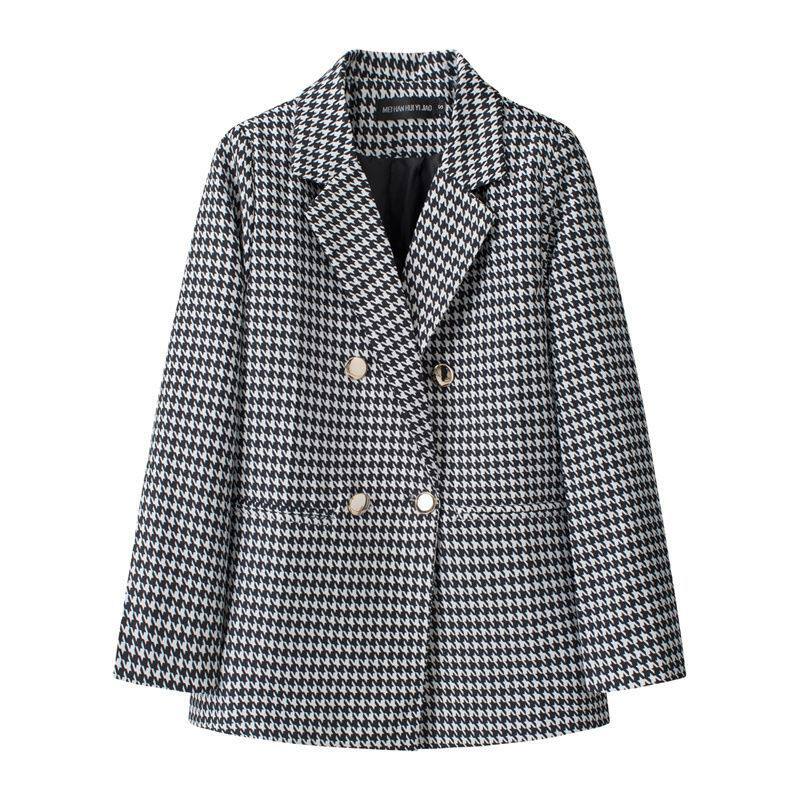 Áo vest nữ dáng suông họa tiết răng sói hai hàng cúc, tay dài cổ vest — 60 ô vuông, 61 ô vuông, 62 ô vuông, 63 ô lưới