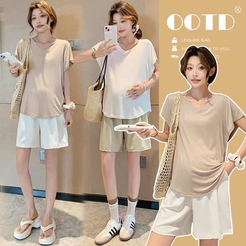 Pregnant Women's suit Summer Trendy Mom's New Fashion All-match Thin Slim-fit High-end Short-sleeved Top Short Pants Skirt Two-piece Set