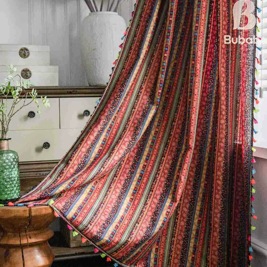 布爸爸美式波西米亚风红色烫金条纹棉麻印花客厅成品窗帘复古风