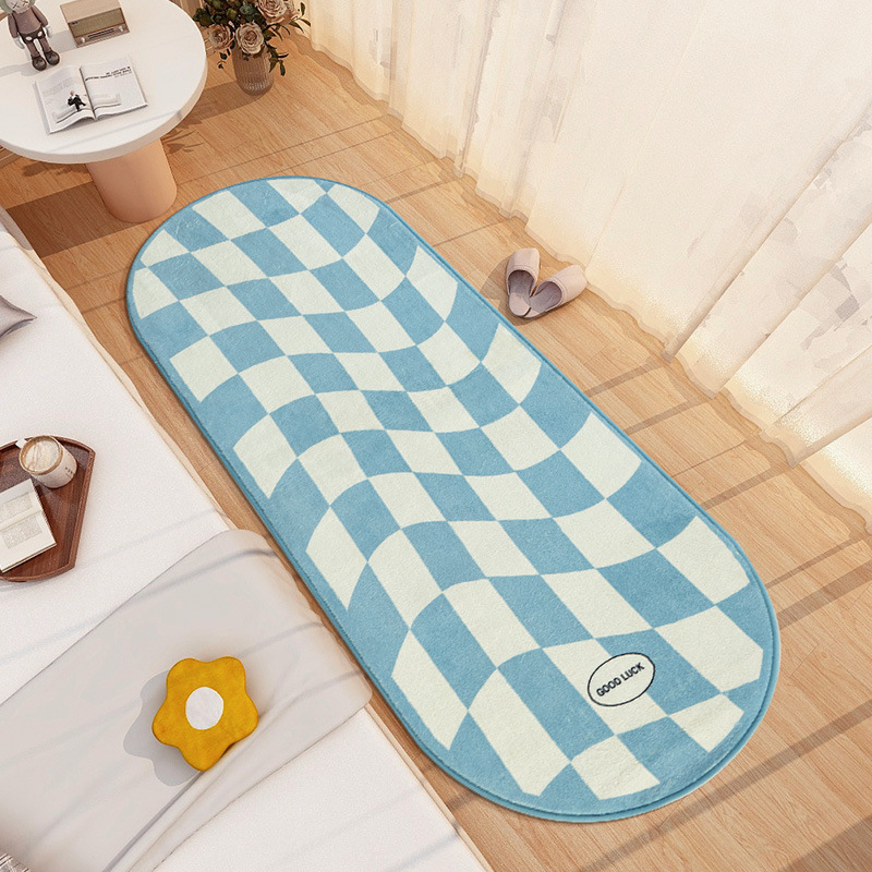 仿羊絨棋盤格床前地毯臥室滿鋪房間長條客廳茶几墊床邊榻榻米地墊