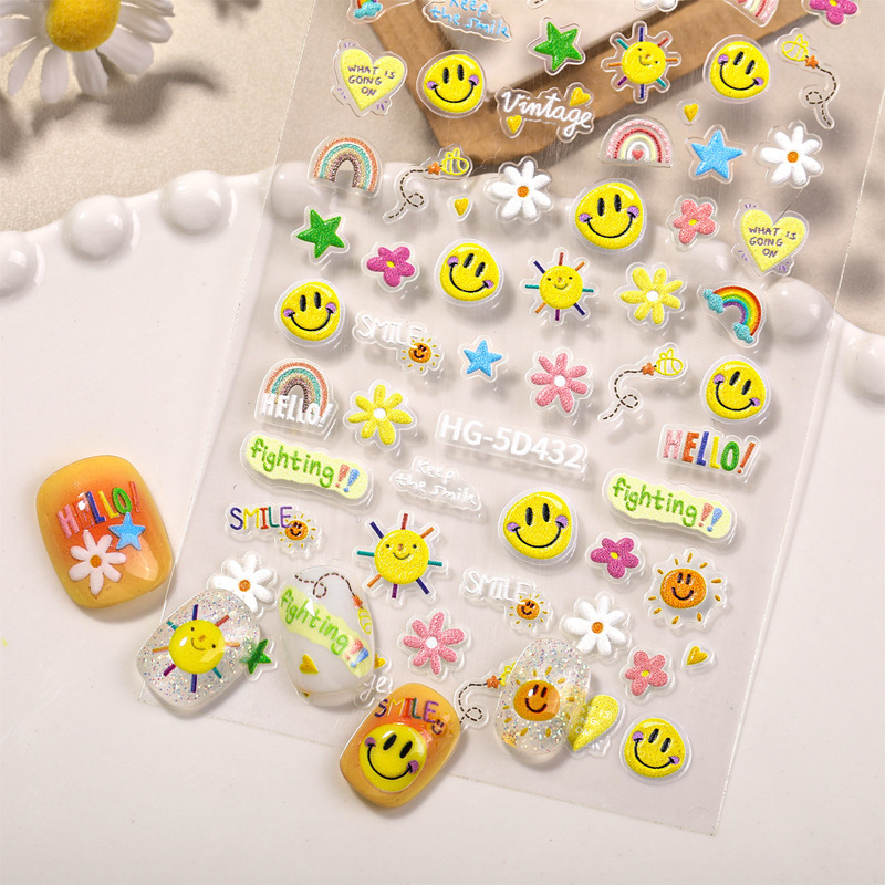 Creative Smiling Face Expression Nail Stickers 5D Embossed Stereo Adhesive White Daisy Nail Art Stickers Jewelry Hg Style Creative Smiling Face Expression Nail Stickers 5D Embossed Stereo Adhesive White Daisy Nail Art Stickers Jewelry Hg Style